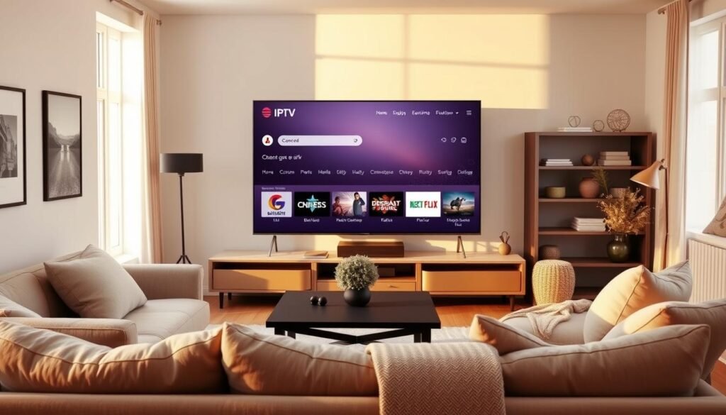 A cozy Scandinavian living room with a large flatscreen TV prominently displayed. The TV is showcasing a sleek and modern IPTV interface, featuring a Nordic-inspired minimalist design with clean lines and muted colors. In the foreground, a plush sofa and armchair are arranged for optimal viewing, with a contemporary coffee table in the center. The room is bathed in warm, natural lighting filtering in through large windows, creating a serene and inviting atmosphere. On the walls, subtle Nordic-inspired artwork and decor elements complement the overall aesthetic. The scene conveys a sense of relaxation and immersion in the world of IPTV content streaming in the Nordic region.