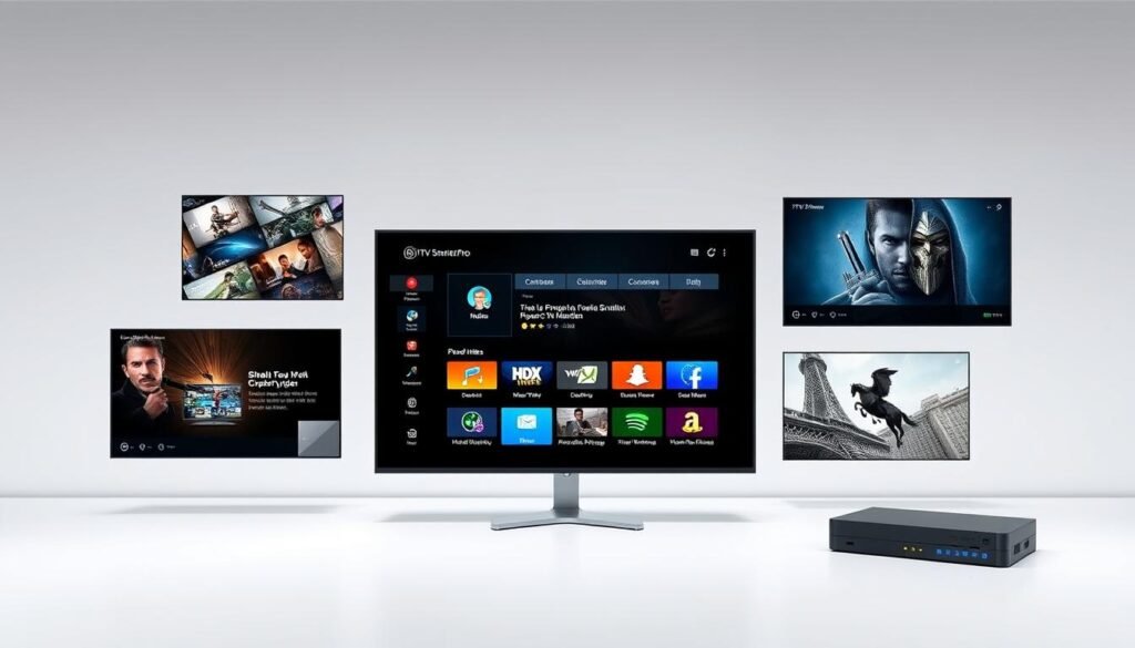 A crisp, well-lit comparison of IPTV Smarters Pro with its alternatives, set against a clean, minimalist background. In the foreground, the IPTV Smarters Pro app is displayed prominently, showcasing its intuitive interface and key features. Surrounding it, smaller panels illustrate the unique capabilities of competing IPTV solutions, allowing the viewer to make an informed decision. The lighting is soft and even, emphasizing the sleek, modern aesthetic. The overall composition is balanced and visually striking, capturing the essence of the "Comparing IPTV Smarters Pro with Alternatives" section.