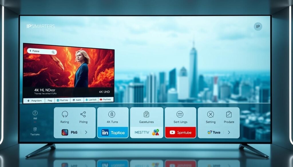 A futuristic and sleek IPTV service interface, showcasing the legal and advanced features of IPsmarters. The scene depicts a minimalist dashboard with clean typography, vibrant yet subtle colors, and intuitive icons. In the foreground, a large 4K UHD display showcases a crisp and vibrant movie or TV show, while in the middle ground, various menu options and settings are neatly organized. The background is a serene, out-of-focus cityscape, hinting at the global accessibility of the service. The lighting is soft and diffused, creating a sense of sophistication and professionalism. The overall composition and attention to detail convey the reliability, legality, and cutting-edge technology of the IPsmarters IPTV subscription.