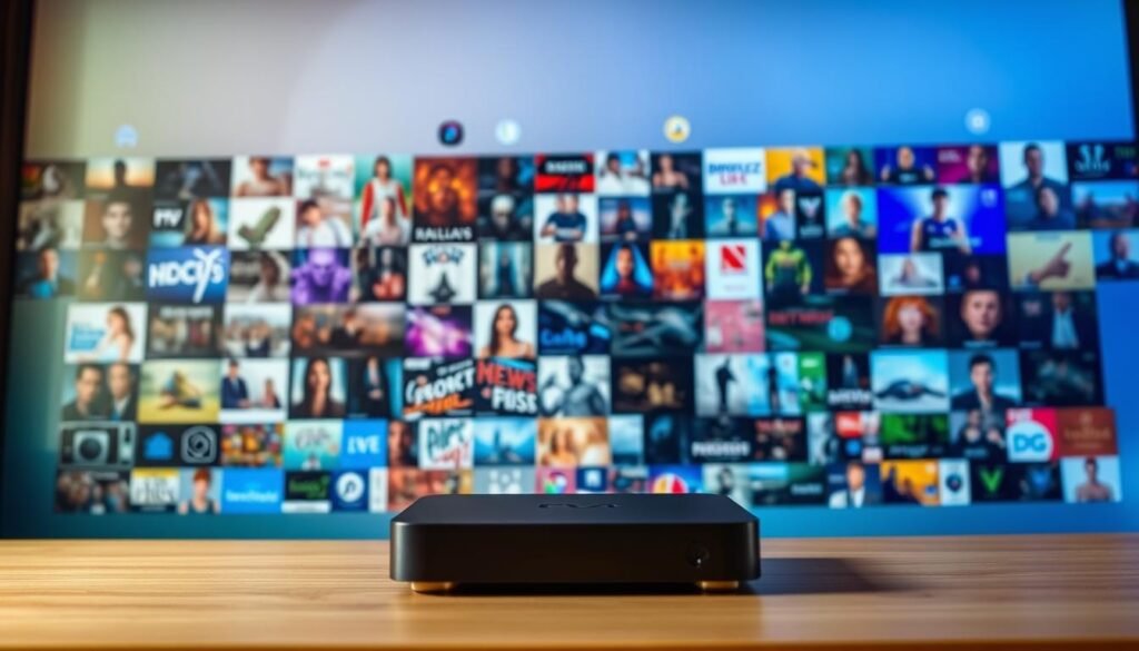 A vibrant and visually captivating IPTV content display featuring a diverse array of streaming options. In the foreground, a sleek IPTV box sits prominently, surrounded by a multitude of digital device icons representing various media sources and channels. The middle ground showcases a dynamic mosaic of movie posters, TV show thumbnails, and live event graphics, creating a sense of endless entertainment possibilities. The background features a subtle, yet striking gradient backdrop that subtly shifts in hue, evoking a sense of technological sophistication and innovation. Soft, diffused lighting illuminates the scene, lending a warm and inviting atmosphere. This comprehensive IPTV content landscape captures the essence of unlocking a boundless streaming experience.