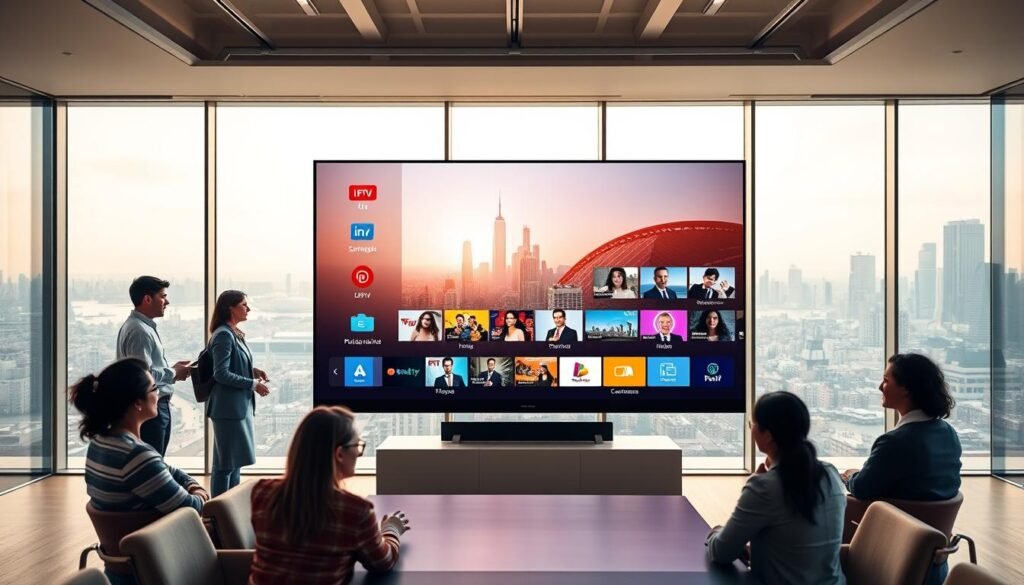A well-designed, modern office interior with a large, sleek IPTV display at the center, showcasing various streaming services and content. The foreground features a group of business professionals engaged in a collaborative discussion, their expressions conveying the importance of selecting the right IPTV provider for seamless streaming. The middle ground depicts a minimalist, glass-walled conference room, bathed in warm, directional lighting. The background features a panoramic city skyline, suggesting the global significance of IPTV technology. The overall scene exudes a sense of professionalism, technology, and the crucial role of IPTV in modern business communication and entertainment.