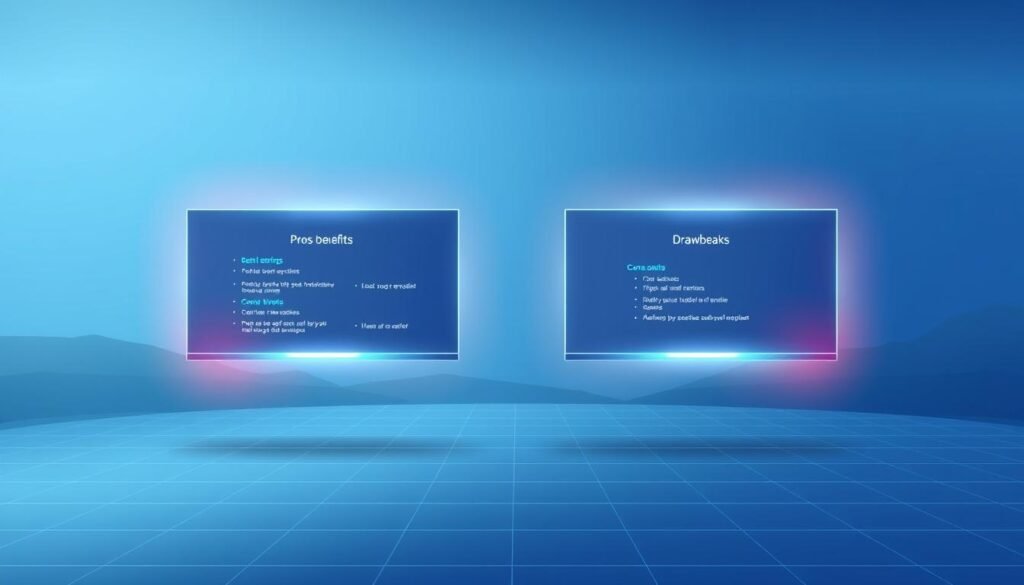 High-contrast digital illustration of &quot;pros and cons&quot; for IPTV services, with a clean, minimalist aesthetic. In the foreground, two sleek, floating interface screens displaying the benefits and drawbacks of IPTV, surrounded by a soft, glowing halo effect. The middle ground features a subtle grid pattern suggesting a digital landscape, while the background is a muted, gradient blue with hints of geometric shapes, conveying a modern, technological feel. Lighting is directional, creating depth and highlighting the key elements. The overall composition is balanced and visually striking, meant to complement the &quot;Pros and Cons of Each Service&quot; section of the article.