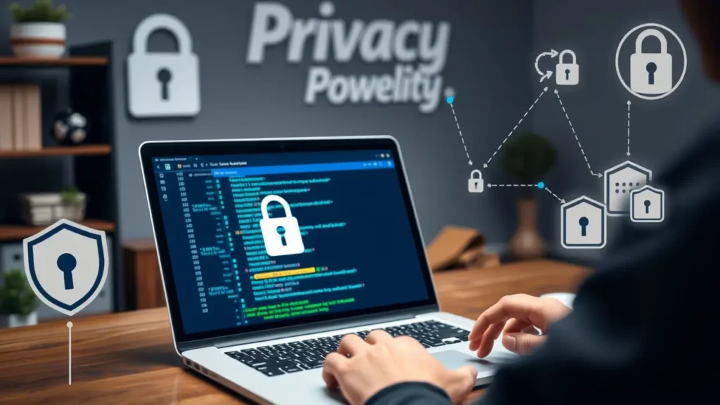 Person working on a secure laptop with privacy-focused IPTV services displayed on the screen
