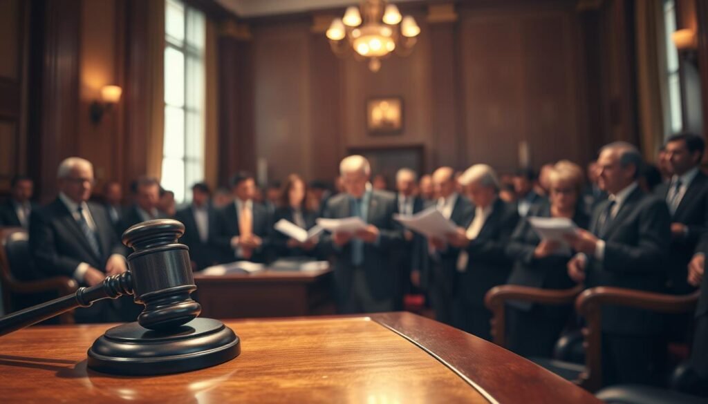 A bustling courtroom, illuminated by soft, warm lighting streaming through the tall windows. In the foreground, a judge's gavel rests on a polished wooden bench, symbolizing the gravity of legal proceedings. The middle ground features a cluster of lawyers, their expressions serious as they pore over legal documents, discussing the nuances of IPTV legality. In the background, the hazy silhouettes of onlookers suggest the public interest in this complex issue. The overall atmosphere conveys the weight of the legal considerations surrounding IPTV services, inviting the viewer to contemplate the delicate balance between technology, entertainment, and the law.