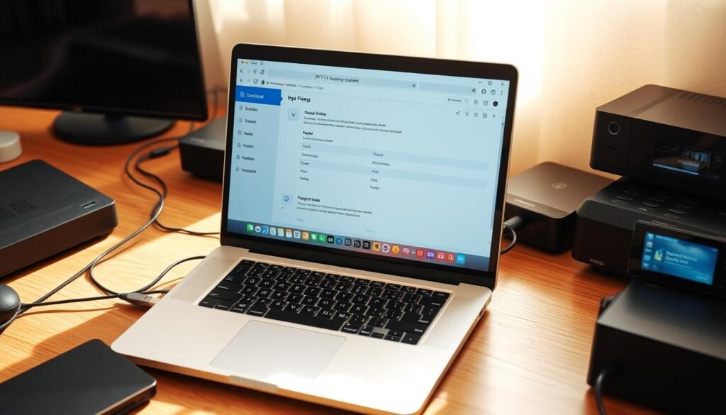 A detailed step-by-step guide for setting up IPTV M3U playlists. A modern, elegant laptop with a clean, minimalist design sits on a wooden desk, surrounded by electronic devices. The laptop screen displays a well-organized IPTV setup interface, with clear instructions and visual cues guiding the user through the process. The lighting is soft and natural, casting a warm glow on the scene. The overall atmosphere is one of focus, professionalism, and technological simplicity.