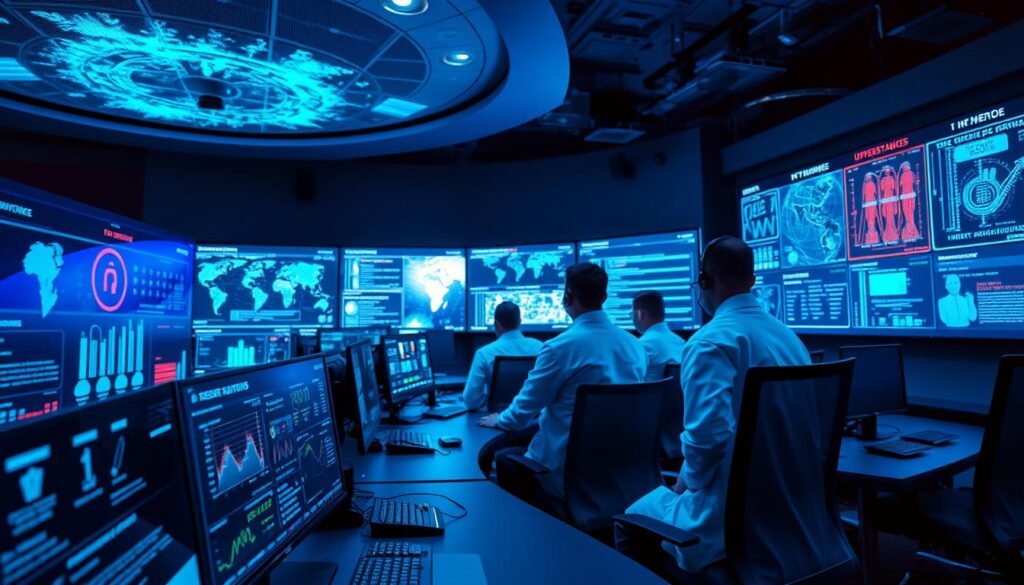 A high-tech cybersecurity control room with a focus on IPTV security. In the foreground, a sleek graphical user interface displays real-time monitoring of IPTV traffic and potential threats. In the middle ground, a team of analysts in white coats and headsets scrutinize data dashboards, working diligently to ensure the integrity and safety of IPTV services. The background features a bank of large screens displaying network topology, threat intelligence, and encrypted communication channels. The lighting is cool and blue, conveying a sense of precision, vigilance, and technological sophistication. The overall atmosphere is one of high-stakes protection, with the IPTV system secured by cutting-edge security measures.