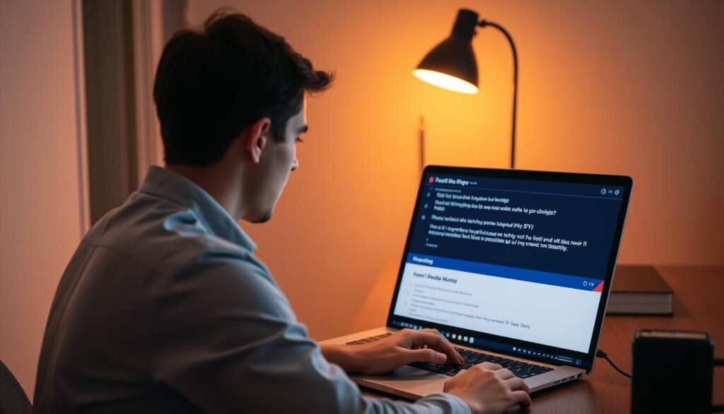 A person sitting at a desk, laptop open, intently troubleshooting an IPTV player interface on the screen. Warm, focused lighting illuminates the workspace, creating a productive, problem-solving atmosphere. Technical details and error messages are visible on the laptop display, guiding the user through the troubleshooting process. The room is minimalist, with clean lines and muted colors, allowing the technology to take center stage. A sense of determination and problem-solving pervades the scene, reflecting the challenges of maintaining a reliable IPTV streaming experience.