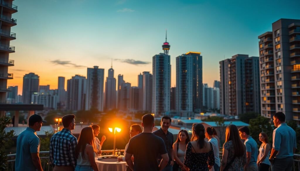 A vibrant cityscape at dusk, with modern apartment buildings and skyscrapers in the background, softly illuminated by the setting sun. In the foreground, a diverse group of people gathering around a community center, discussing IPTV packages and service plans. The scene conveys a sense of affordability and accessibility, with friendly interactions and a warm, welcoming atmosphere. The lighting is balanced, creating a cozy, inviting ambiance, and the camera angle is slightly elevated, providing a panoramic view of the affordable IPTV landscape.