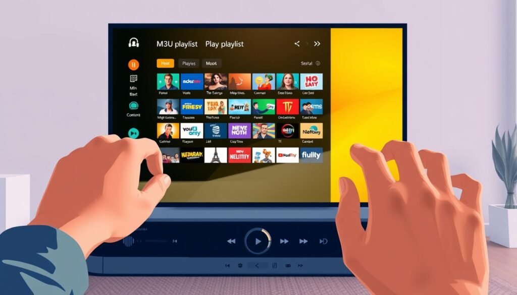 A well-lit, detailed digital illustration showcasing the use of M3U playlists. In the foreground, a user's hands navigate an intuitive media player interface, selecting and playing an M3U playlist. The middle ground features a stylized TV or computer display, showing the contents of the M3U playlist - a diverse selection of live TV channels and on-demand content. The background depicts a modern, minimalist living room or home office setting, conveying a sense of comfort and ease of use. The overall scene should have a clean, modern aesthetic with a focus on user-friendliness and the power of M3U playlists to stream a wide variety of media.