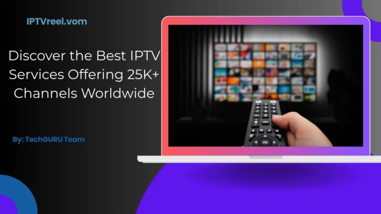 A hand holding a remote control in front of a TV screen displaying thousands of IPTV channels, showcasing the best IPTV services offering 25K+ channels worldwide