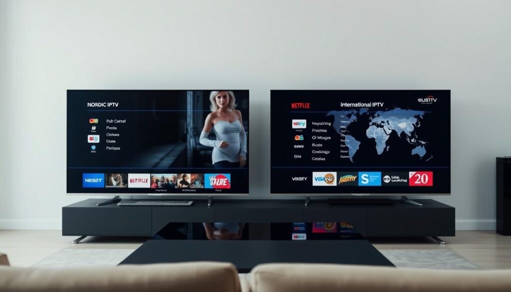 A detailed comparison of Nordic and international IPTV channel offerings, shot in a clean, minimalist style. In the foreground, two large TV screens display live feeds from a Nordic IPTV provider on the left and an international IPTV service on the right, showcasing their respective channel lineups. The middle ground features a sleek, modern entertainment console with remote controls, hinting at the user experience. The background is a simple, neutral-toned living room setting, allowing the TV screens to take center stage. Balanced lighting illuminates the scene, creating a crisp, professional look. The overall tone is informative yet visually striking, effectively conveying the key differences between Nordic and international IPTV channel selections.