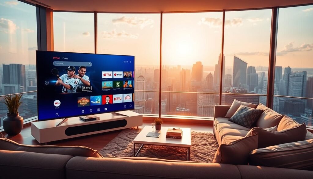 A high-quality, ultra-realistic image of the "best IPTV provider" for a modern, trendy entertainment experience. The scene features a sleek, minimalist smart TV in the foreground, displaying a vibrant, crystal-clear image of a popular streaming platform. In the middle ground, a stylish, contemporary living room setup with plush, comfortable seating. The background showcases a panoramic, sun-drenched view of a cosmopolitan cityscape, conveying a sense of urban sophistication. The overall mood is one of effortless, high-end entertainment, captured through a wide-angle lens with warm, diffused lighting and a shallow depth of field.