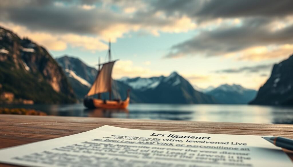 A legal document in the foreground, illuminated by soft, warm lighting, rests on a wooden desk. In the middle ground, a Viking ship sails across a serene, Nordic landscape, its mast and sails billowing in the wind. The background features the iconic Swedish fjords, their majestic cliffs and pine-covered slopes creating a sense of ancient, untamed wilderness. The overall scene conveys a harmonious blend of modern legal compliance and the timeless Viking heritage of Scandinavia.
