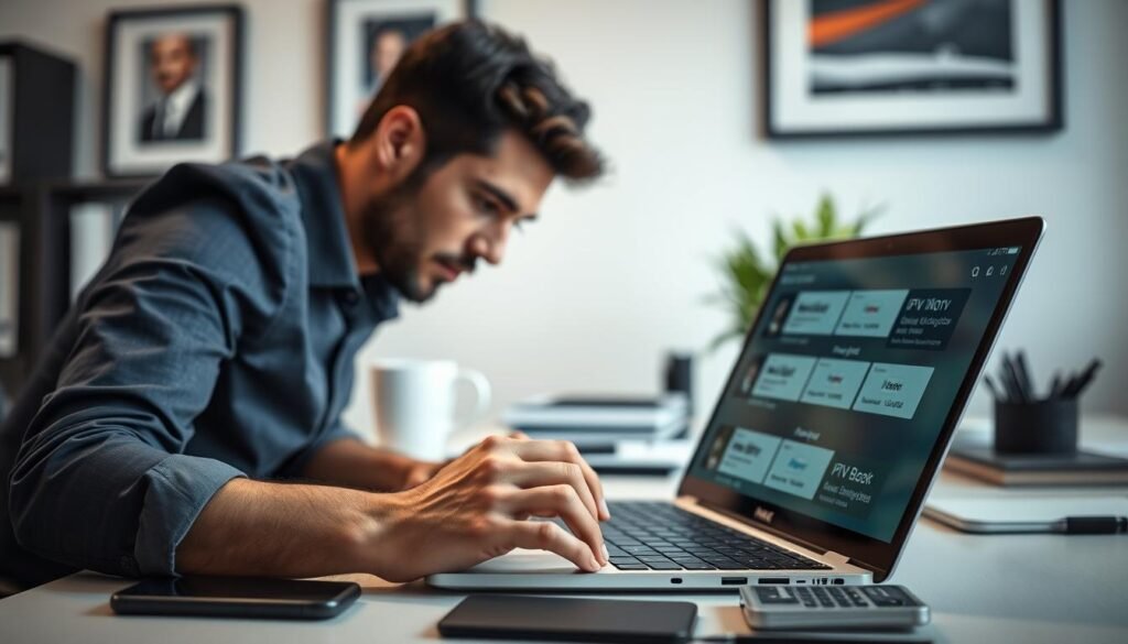 A modern office setting, with a well-lit desk showcasing a laptop, smartphone, and various office supplies. In the foreground, a person's hands are carefully reviewing IPTV subscription options on the laptop screen, brow furrowed in concentration. The mid-ground features a potted plant and framed artwork on the wall, creating a sense of professionalism and thoughtfulness. The background is slightly blurred, highlighting the focus on the decision-making process. The overall mood is one of careful consideration and the pursuit of the optimal IPTV subscription for a discerning UK user.