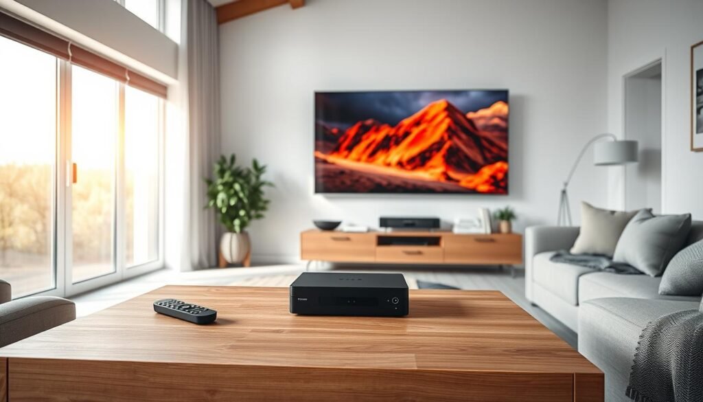 A photorealistic, wide-angle comparison scene depicting a modern Nordic living room. In the foreground, a sleek, black IPTV streaming device sits prominently on a minimalist oak TV stand. Behind it, a traditional cable TV box and remote control lie discarded. The middle ground features a large, wall-mounted flat-screen TV displaying crisp, vibrant imagery. Daylight filters in through large windows, illuminating the space with a warm, natural glow. The background showcases the clean, Scandinavian-inspired decor - white walls, plush gray sofas, and subtle accent pieces. The overall atmosphere conveys a sense of technological progression, user-friendliness, and sophisticated Nordic design.