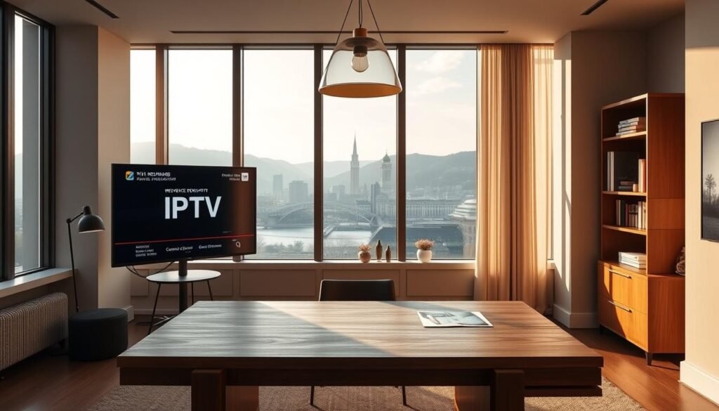 An elegant office interior with a minimalist Swiss aesthetic. A large wooden desk takes center stage, adorned with a sleek monitor displaying IPTV service details. The room is bathed in warm, soft lighting, casting a cozy ambiance. Framed by floor-to-ceiling windows, the cityscape of Zurich's skyline provides a picturesque backdrop, hinting at the global reach of these IPTV offerings. Subtle Swiss design elements, such as a modern pendant lamp and a carefully curated bookshelf, complete the refined, professional atmosphere.
