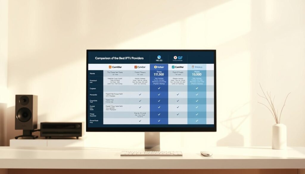 A comparison chart of the best IPTV providers, displayed on a clean, minimalist desktop with a warm, neutral color scheme. The chart is the focal point, arranged in a grid layout with provider logos, feature lists, and pricing information. The background is slightly blurred, creating a soft, professional atmosphere. The lighting is natural and diffused, with gentle shadows accentuating the chart's details. The overall composition is balanced, drawing the viewer's attention to the comparative data presented in a clear, concise manner.