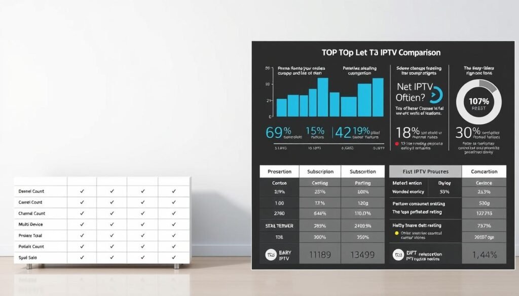 A high-quality comparison chart showcasing the key features and pricing of the top IPTV service providers for 2025. The foreground displays a sleek, minimalist table with rows of service names, subscription plans, and corresponding icons denoting features like channel count, DVR, and multi-device support. The middle ground features an elegant, data-driven infographic with graphs and statistics highlighting the performance metrics and customer satisfaction ratings of each IPTV option. The background has a smooth, neutral gradient providing a clean, professional backdrop to the comparison elements. The overall scene conveys a sense of authority, clarity, and data-driven decision-making for consumers researching the best IPTV services.