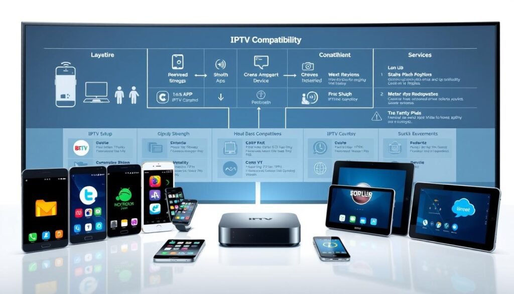 A high-tech diagram showcasing the compatibility setup for various IPTV apps. In the foreground, a collection of smartphone and tablet devices, each prominently displaying popular IPTV app logos. In the middle ground, a central hub device, such as a smart TV or streaming box, connects the IPTV apps to the internet. The background features a sleek, minimalist interface with signal strength indicators, device compatibility matrices, and technical specifications. The lighting is clean and bright, emphasizing the modern, user-friendly nature of the setup. The overall composition conveys the seamless integration and wide-ranging compatibility of IPTV apps across multiple devices.