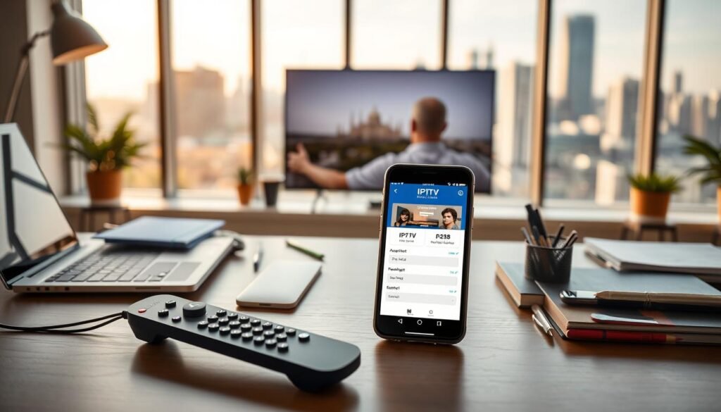 A modern office workspace with a desk, laptop, and various office supplies. In the foreground, an IPTV remote control and a smartphone displaying an IPTV service subscription interface. The middle ground features an IPTV streaming device connected to a sleek, minimalist TV. The background showcases a large window with a cityscape view, bathed in warm, natural lighting. The scene conveys a sense of productivity, connectivity, and a reliable IPTV subscription service that seamlessly integrates with the user's digital lifestyle.