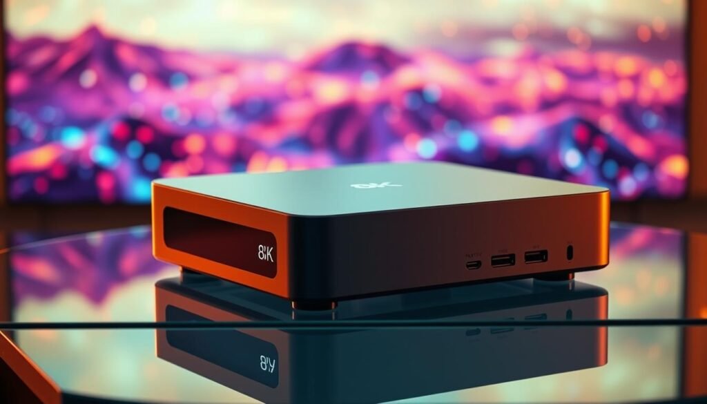 A sleek, futuristic 8K IPTV box rests on a minimalist glass table, its smooth, metallic exterior gleaming under warm, directional lighting. The device's front panel features a subtle LED display, while its sides host an array of high-speed ports for seamless 8K video streaming. In the background, a vibrant, abstract digital landscape pulsates with vivid hues, evoking the cutting-edge technology at the heart of this innovative IPTV solution. The overall composition conveys a sense of advanced, next-generation entertainment, setting the stage for the future of IPTV technology.