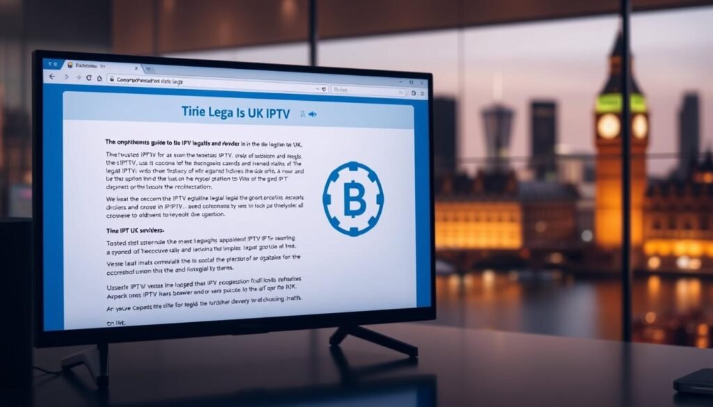 A sleek, modern digital interface depicting the legal aspects of UK IPTV services. In the foreground, a web browser window showcases a comprehensive guide on the legalities and regulations surrounding IPTV usage in the UK. The middle ground features a stylized icon or logo representing a trusted IPTV provider, conveying a sense of legitimacy and compliance. The background showcases a blurred cityscape of London, highlighting the British context. The lighting is soft and warm, creating a professional and authoritative atmosphere. The overall composition emphasizes the importance of understanding the legal landscape when choosing an IPTV service in the UK.