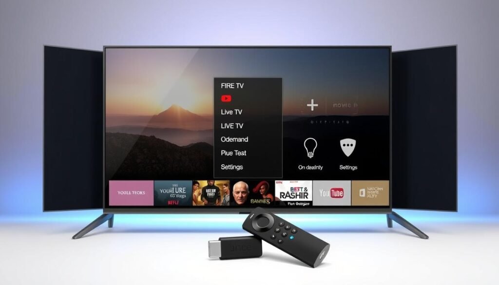 A sleek, optimized IPTV app interface for a Fire TV Stick, showcasing a clean and intuitive design. The foreground features a large, high-quality video player displaying a captivating scene, with various content categories neatly arranged along the sides. The middle ground presents a minimalist menu system, highlighting features like live TV, on-demand content, and user settings, all seamlessly integrated. The background depicts a subtle, ethereal glow, conveying a sense of technological sophistication and entertainment immersion. Vibrant colors, smooth animations, and a well-balanced composition create an inviting and user-friendly experience, perfectly tailored for the Fire TV Stick platform.