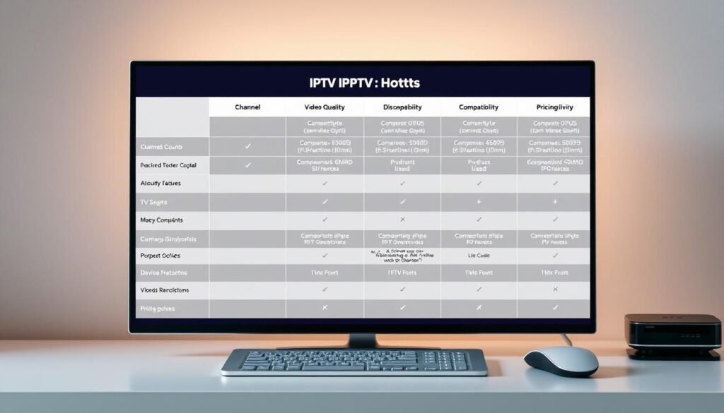 A well-organized comparison chart showcasing various IPTV service packages, presented in a clean and professional manner. The chart is displayed on a sleek, minimalist desktop setup, with a warm, indirect lighting highlighting the details. The chart itself features concise, informative categories such as channel count, video quality, device compatibility, and pricing, allowing the viewer to easily compare and contrast the options. The background is a muted, neutral tone, putting the focus squarely on the comparison data. The overall tone is one of clarity and utility, designed to assist the reader in making an informed decision about their IPTV service.