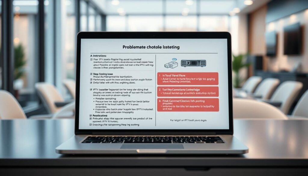 Detailed technical troubleshooting guide for an IPTV box, displayed on a modern laptop screen with a clean, minimalist interface. The screen shows step-by-step instructions, diagrams, and troubleshooting tips for common IPTV box issues. The laptop is placed on a sleek, metallic desk in a well-lit, contemporary office setting with subtle hints of warm lighting. The overall atmosphere conveys a sense of professionalism, problem-solving, and ease of use for the IPTV box.