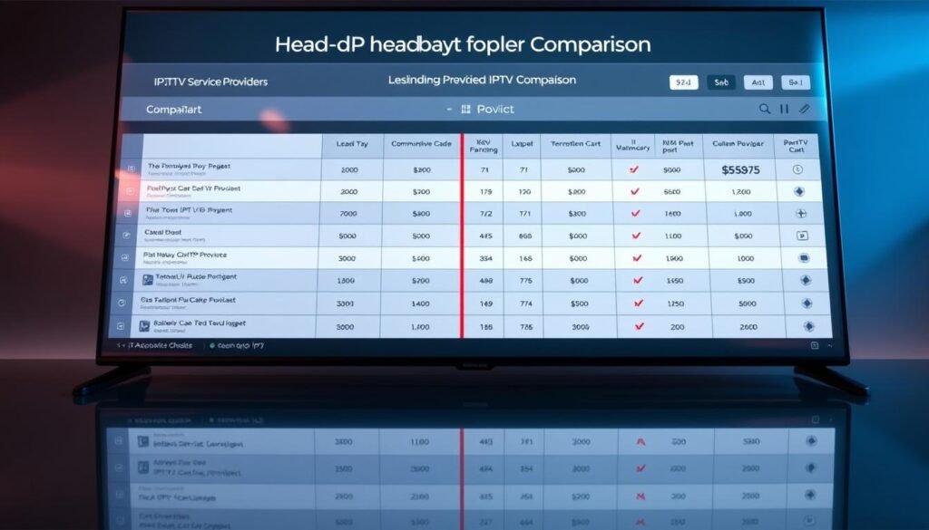 A comparative chart displayed on a glossy, professional-looking digital dashboard. The chart features neatly organized rows and columns, showcasing key features and pricing details of leading IPTV service providers. The foreground has a clean, minimalist design with subtle highlights and dynamic lighting, creating a sense of clarity and authority. The middle ground features icons, graphs, and visual cues that aid in the easy comprehension of the data. The background has a subtle gradient or texture, suggesting a high-tech, futuristic ambiance. The overall composition conveys a sense of authoritative, data-driven decision making, perfectly suited for the &amp;quot;Head-to-Head Provider Comparison&amp;quot; section of the article.