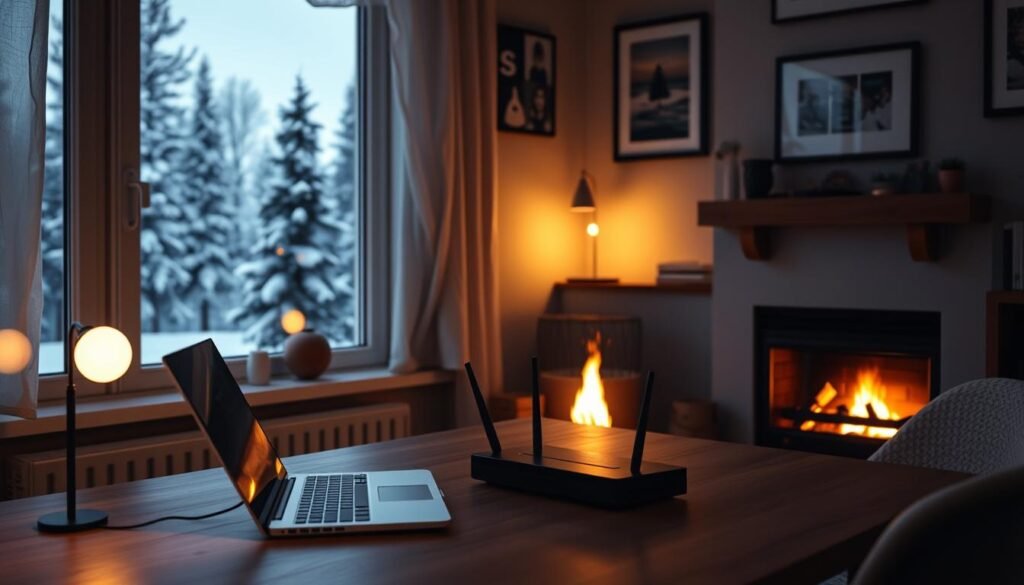A dimly lit Scandinavian home office, with a cozy fireplace casting a warm glow. On the desk, a sleek laptop and a wireless router, symbolizing the modern IPTV technology. The walls are adorned with Nordic-inspired artwork, hinting at the regional context. Through a window, the silhouette of a snowy pine forest can be seen, representing the Nordic landscape. The overall atmosphere conveys a sense of legal and regulatory considerations surrounding IPTV services in the Nordic countries.