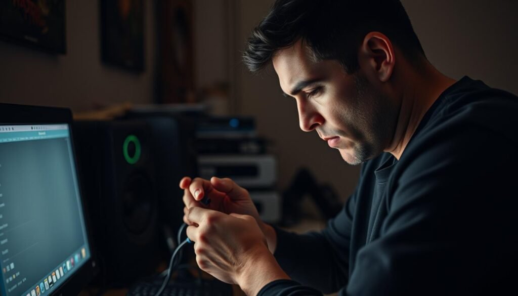 A dimly lit home office, with a desktop computer and various IPTV devices on a cluttered desk. In the foreground, a pair of hands intently working on troubleshooting cables and connections, brow furrowed in concentration. Soft, warm lighting casts a muted glow, creating an atmosphere of technical problem-solving. The background is slightly blurred, hinting at the larger context of the adult IPTV streaming environment. The overall scene conveys a sense of focus, determination, and the challenges of maintaining a reliable IPTV setup.