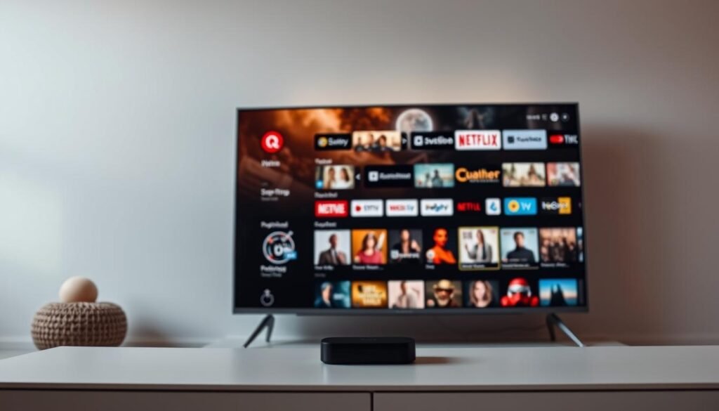 A high-quality IPTV service for Nordic content, showcased against a sleek, minimalist backdrop. In the foreground, a modern smart TV displays a rich selection of live channels, on-demand movies, and popular TV series. The screen is illuminated by a warm, cinematic lighting, creating a cozy, inviting atmosphere. In the middle ground, a compact streaming device rests on a clean, minimalist surface, symbolizing the ease of access to the Nordic entertainment library. The background features a simple, yet elegant Scandinavian-inspired design, with clean lines and muted tones that complement the Nordic aesthetic. The overall composition conveys a sense of sophistication, quality, and a premium viewing experience tailored for the Nordic audience.