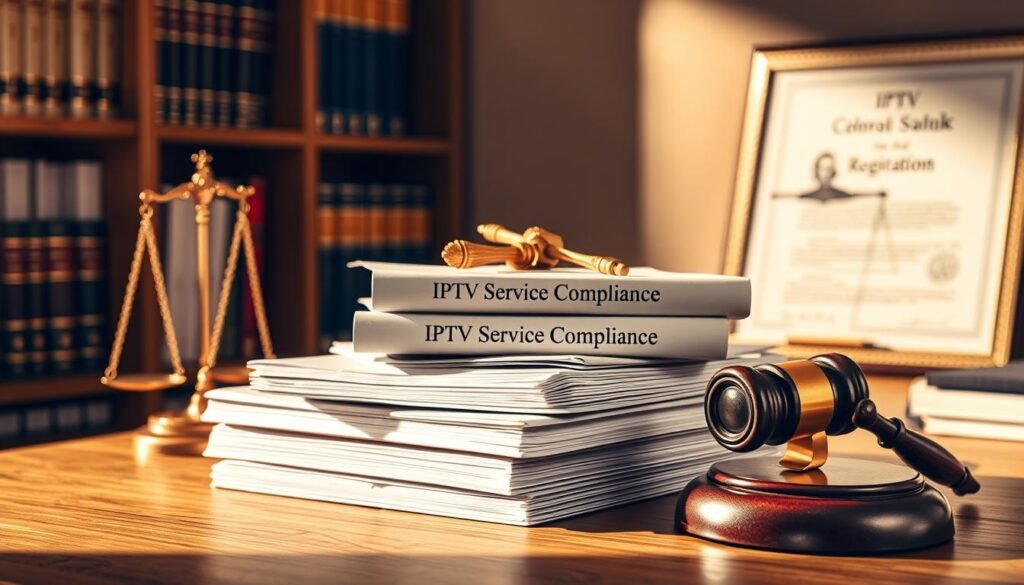 A neatly stacked pile of legal documents, their covers emblazoned with the words &amp;quot;IPTV Service Compliance&amp;quot;, rests on a wooden desk. A gavel and scales of justice stand nearby, symbolizing the balance of law and authority. The scene is bathed in warm, focused lighting, casting subtle shadows that add depth and dimension. In the background, a bookshelf filled with legal tomes and a framed certificate of legal registration create a professional, authoritative atmosphere. The overall composition conveys the importance of adhering to legal requirements for a reliable IPTV service.
