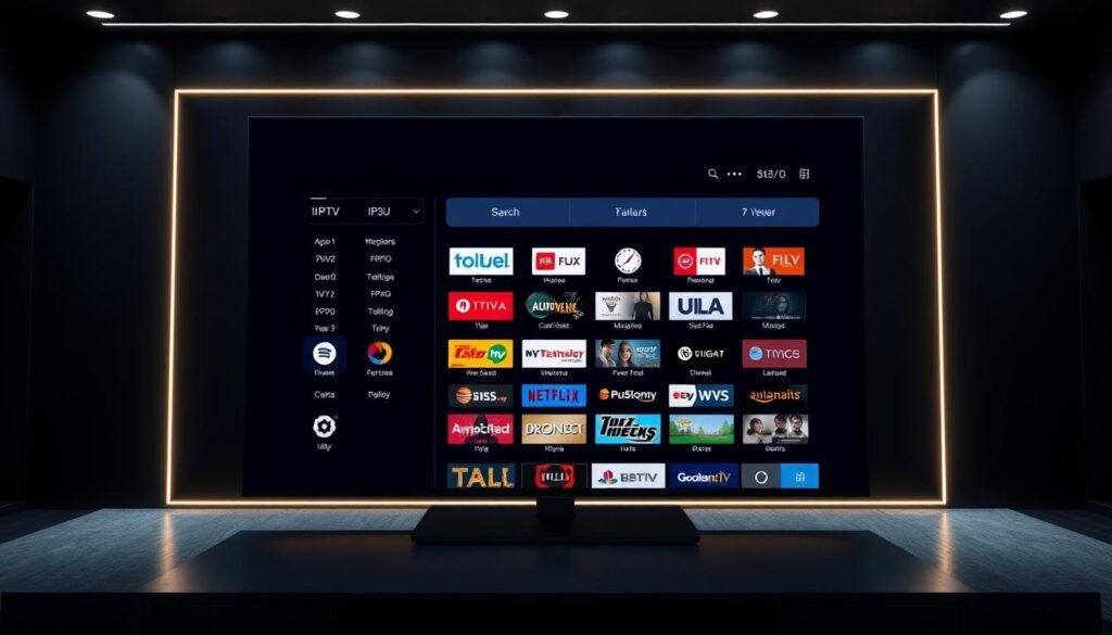 A sophisticated IPTV M3U player interface displayed on a high-resolution display, showcasing a clean and intuitive design with minimalist icons and sleek buttons. The player is surrounded by a dark, modern setting with subtle ambient lighting, creating a calm and professional atmosphere. The screen presents a well-organized grid of live TV channels, with clear categorization and search functionality. The overall impression conveys a powerful, yet user-friendly media player tailored for efficient IPTV playlist management.