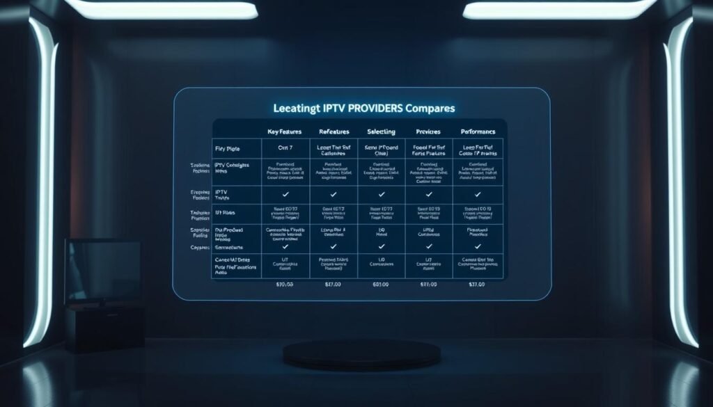 A detailed comparison of leading IPTV providers displayed on a holographic interface, showcasing their key features, pricing, and performance metrics in a clean, minimalist design. The interface floats in a dimly lit, futuristic setting with subtle ambient lighting, creating a sleek and professional atmosphere. The information is presented in a grid layout, with each provider's details neatly organized and easy to compare at a glance. The overall mood is one of thoughtful analysis and informed decision-making, guiding the viewer through the nuances of selecting the best IPTV solution.