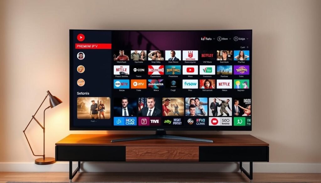 A high-quality IPTV streaming platform with a diverse array of premium channels displayed on a large ultrawide monitor. The scene showcases a stylish and modern living room setup, with the monitor placed on a sleek wooden desk. Soft, warm lighting from a minimalist lamp casts a cozy glow, creating an inviting atmosphere. The monitor's display features a clean, intuitive interface with clear categorization of channel genres, from movies and sports to news and entertainment. The overall scene conveys a sense of sophistication and technological advancement, reflecting the premium features and content of the PiccoloTV streaming service.