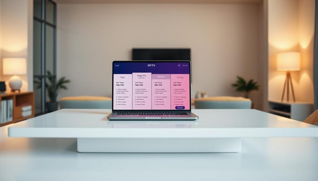 A modern, minimalist table with a clean, white surface. On the table, an arrangement of sleek, streamlined IPTV subscription plans presented on a laptop or tablet screen. The plans are displayed with clear pricing details, plan tiers, and feature highlights. The background is a warm, softly-lit interior space, creating a sense of sophistication and professionalism. The overall composition emphasizes the simplicity, clarity, and value of the IPTV offerings, inviting the viewer to easily compare and select the best plan for their needs.