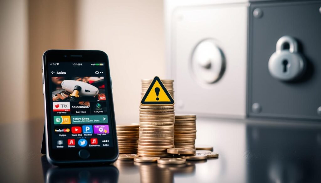 A crisp, well-lit scene depicting the benefits, risks, and safety tips of using an unofficial IPTV service. In the foreground, a smartphone screen displays a streaming service interface, representing the potential advantages of accessing content. In the middle ground, a stack of coins and a warning symbol convey the financial risks and legal concerns. In the background, a safe with a lock icon signifies the importance of data security and privacy when using such services. The composition should strike a balance between the allure of unofficial IPTV and the need for caution, creating a visually engaging and informative image.