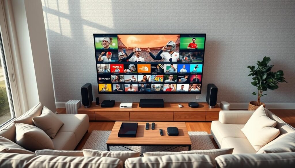 A high-angle shot of a modern living room with a large TV screen showcasing a diverse selection of sports channels and live events. The room is brightly lit with natural light filtering through large windows, creating a warm and inviting atmosphere. In the foreground, a comfortable couch and coffee table set the stage for an immersive viewing experience. The middle ground features various streaming devices, remotes, and other media equipment, emphasizing the technological capabilities required for comprehensive US-focused channel coverage and sports content. The background blends a subtle wallpaper pattern with minimalist decor, maintaining a clean and refined aesthetic. The overall composition conveys a sense of versatility, accessibility, and the ability to explore a wide range of sports and entertainment options from the comfort of one's own home.