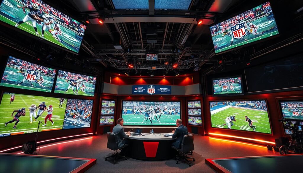 A high-definition, wide-angle view of a modern, state-of-the-art television studio broadcasting live NFL games. In the foreground, several large, ultra-high-definition screens display various NFL teams in action, with crisp, vibrant visuals and dynamic camera angles. The middle ground features a panel of experienced sports commentators discussing the latest gameplay and analysis, illuminated by warm, professional studio lighting. In the background, a complex network of cables, cameras, and technical equipment suggest the sophisticated infrastructure required to deliver these live NFL broadcasts to homes around the world. The overall mood is one of excitement, energy, and the thrill of live sports entertainment.