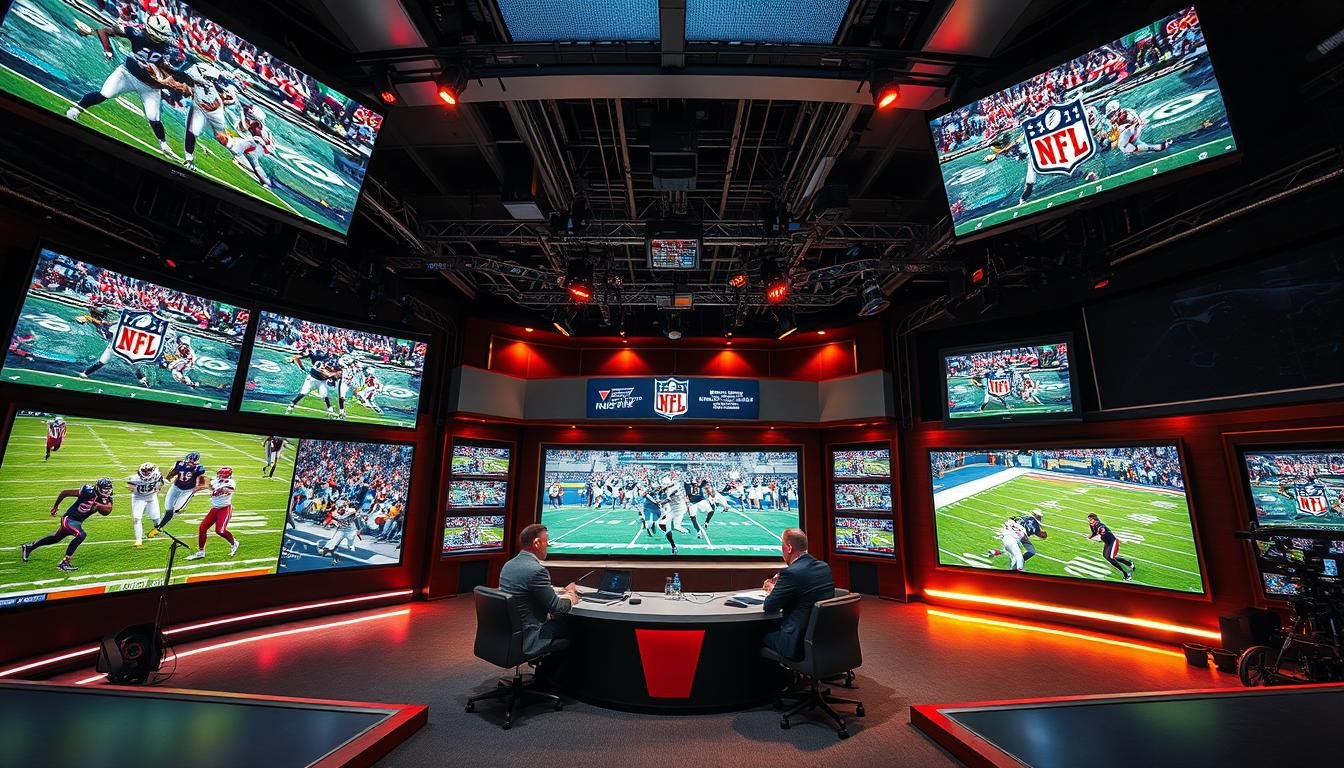 Cheap IPTV : A high-definition, wide-angle view of a modern, state-of-the-art television studio broadcasting live NFL games. In the foreground, several large, ultra-high-definition screens display various NFL teams in action, with crisp, vibrant visuals and dynamic camera angles. The middle ground features a panel of experienced sports commentators discussing the latest gameplay and analysis, illuminated by warm, professional studio lighting. In the background, a complex network of cables, cameras, and technical equipment suggest the sophisticated infrastructure required to deliver these live NFL broadcasts to homes around the world. The overall mood is one of excitement, energy, and the thrill of live sports entertainment.