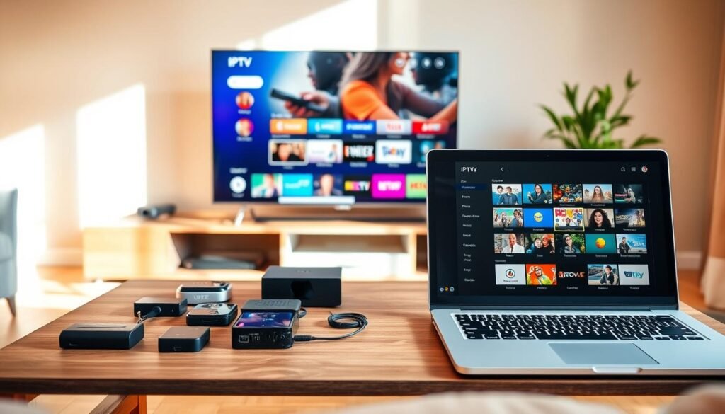 A modern living room with a sleek television set and a variety of IPTV devices and accessories scattered across a minimalist wooden table. The television screen displays a colorful IPTV playlist, with icons and thumbnails of various streaming content. The room is bathed in warm, natural lighting, creating a cozy and inviting atmosphere. In the foreground, a laptop is open, showcasing the user interface of an IPTV player application. The image conveys the ease and convenience of using IPTV technology to access a vast array of entertainment options.