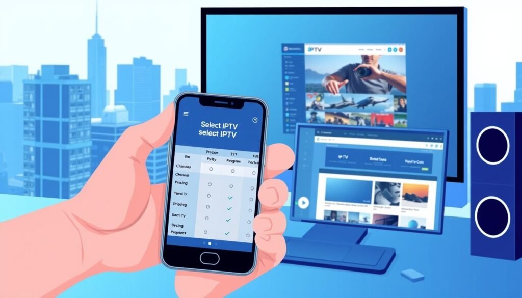 A modern, minimalist illustration depicting the process of selecting an IPTV service. In the foreground, a person's hand holds a smartphone displaying a comparison chart of IPTV providers, with icons representing various features like channel selection, pricing, and user reviews. The middle ground shows a desktop computer with open windows displaying IPTV service websites, while the background features a cityscape with high-rise buildings, conveying the global accessibility of IPTV. The scene is bathed in a cool, blue-tinted lighting, creating a sleek, tech-savvy atmosphere. The overall composition guides the viewer's eye through the decision-making process of choosing the best IPTV service.