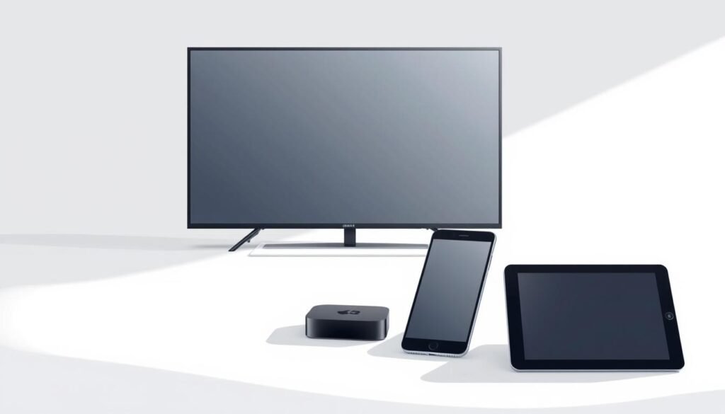 A modern, minimalist illustration of various streaming devices on a sleek, monochromatic background. In the foreground, a smart TV, streaming box, smartphone, and tablet are neatly arranged, showcasing their compatibility. The middle ground features a subtle grid-like pattern, hinting at the interconnectivity of these devices. The background is a soft, neutral tone, creating a clean and focused composition. Indirect lighting casts gentle shadows, adding depth and dimensionality to the scene. The overall atmosphere is one of simplicity, technology, and seamless integration, reflecting the subject of streaming device compatibility.
