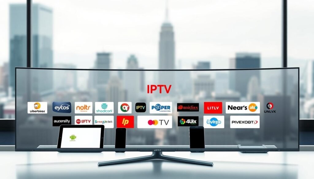 A modern, minimalistic digital composition showcasing the best IPTV service providers. In the foreground, a sleek, ultrawide display presents a curated selection of IPTV logos, each with a distinct visual identity. The middle ground features various smart devices, such as tablets and smartphones, subtly hinting at the versatility of IPTV services across multiple platforms. The background is a softly blurred cityscape, conveying a sense of urban sophistication and technological advancement. The lighting is crisp and directional, creating a sense of depth and emphasizing the quality of the IPTV providers. The overall mood is professional, streamlined, and visually appealing, perfectly suited to illustrate the "Best IPTV Service Providers" section.