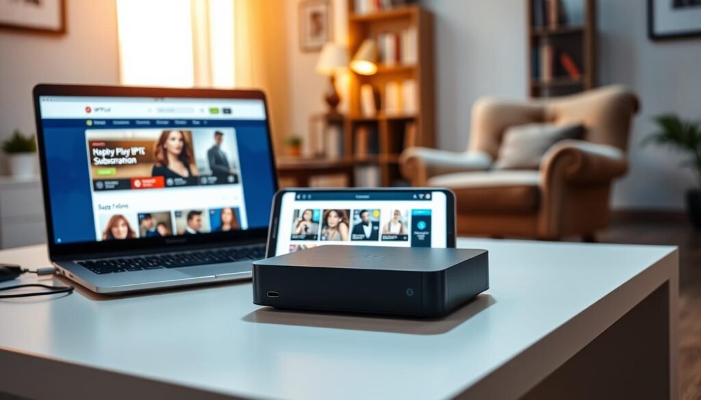 A modern, sleek IPTV UK device on a minimalist desk, with a laptop displaying an IPTV subscription website in the foreground. In the middle ground, a smartphone showcases IPTV streaming content, while the background features a cozy living room setting with a plush armchair and bookshelves. The lighting is warm and inviting, capturing the convenience and enjoyment of an IPTV UK free trial and subscription. The overall scene conveys a sense of effortless connectivity and entertainment.