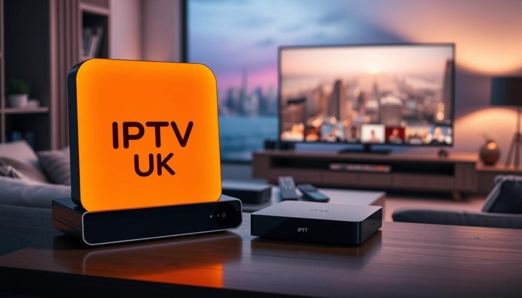 A modern, sleek digital device with a prominent "IPTV UK" logo, glowing with a warm, inviting light. The device is set against a backdrop of a cozy living room, with a plush sofa and a large, high-definition television screen in the foreground. The room is bathed in a soft, atmospheric lighting, creating a sense of comfort and security. In the middle ground, there are various streaming devices and remote controls, hinting at the seamless integration of the IPTV UK service. The background features a subtle cityscape, suggesting the reliability and ubiquity of the service across the United Kingdom. The overall impression is one of a trustworthy, secure, and user-friendly IPTV experience. A modern, sleek digital device with a prominent "IPTV UK" logo, glowing with a warm, inviting light. The device is set against a backdrop of a cozy living room, with a plush sofa and a large, high-definition television screen in the foreground. The room is bathed in a soft, atmospheric lighting, creating a sense of comfort and security. In the middle ground, there are various streaming devices and remote controls, hinting at the seamless integration of the IPTV UK service. The background features a subtle cityscape, suggesting the reliability and ubiquity of the service across the United Kingdom. The overall impression is one of a trustworthy, secure, and user-friendly IPTV experience.