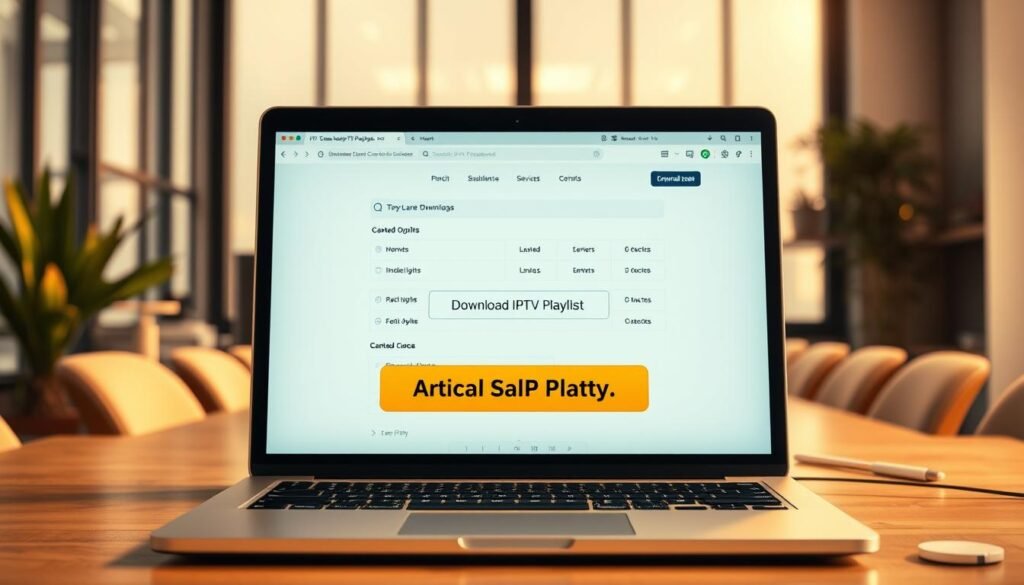 A pristine desktop showcasing a secure IPTV playlist download page, illuminated by warm, natural lighting from a large window. The interface features a minimalist design with clear navigation options, emphasizing safety and legality. In the foreground, a laptop screen displays a prominently featured "Download IPTV Playlist" button, inviting the user to access curated, legitimate content sources. The background subtly depicts a modern, professional office setting, conveying a sense of trust and reliability. The overall atmosphere is one of simplicity, security, and adherence to applicable laws and regulations.