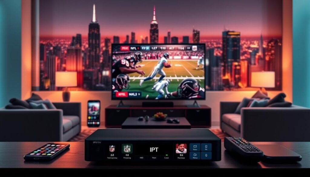 A professional-grade IPTV setup showcasing the best NFL streaming options. In the foreground, a sleek and modern media center device with intuitive menus highlighting various IPTV service providers. Surrounding it, an array of devices like smartphones, tablets, and smart TVs, all connected and seamlessly streaming NFL games in high definition. The middle ground features a cozy living room setting with plush seating and a large, high-contrast TV screen displaying an intense football match. In the background, a techno-futuristic cityscape with skyscrapers and neon lights, symbolizing the cutting-edge technology powering the IPTV experience. The scene is bathed in a warm, cinematic lighting, creating an atmosphere of premium entertainment and convenience.